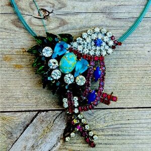 Antique bird pendant with blue obsidian, Andara crystal, turquoise, evil eye